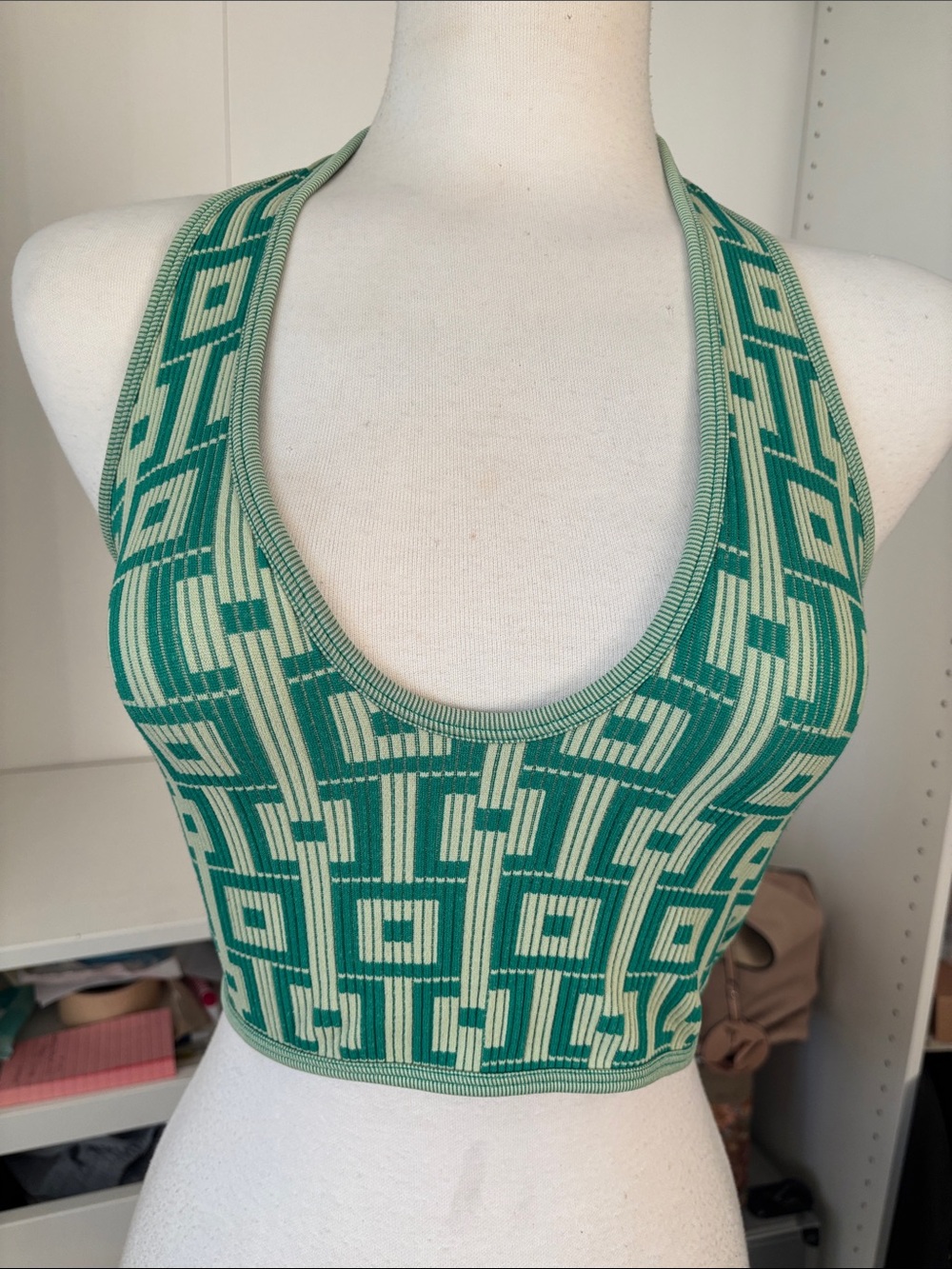 Zara Green Geometric Ribbed Halter Crop Top